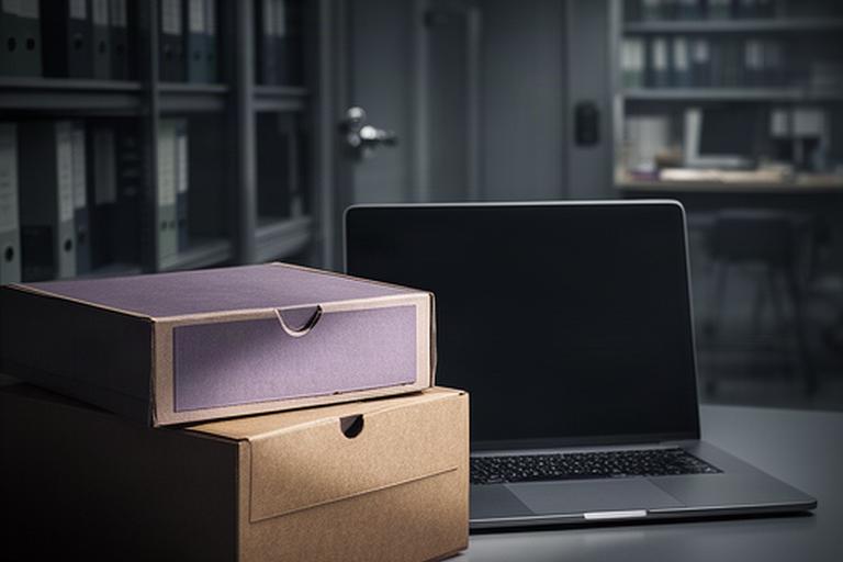 Geschlossene Archivboxen neben einem Laptop in einem geschützten Geschäftsbereich