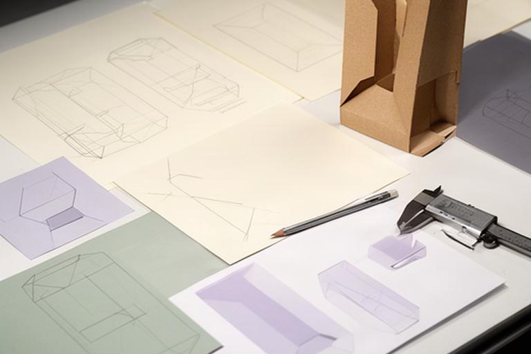 Projektunterlagen mit technischen Zeichnungen für eine neue Verpackung