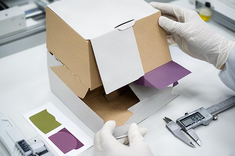 Qualitätsprüfung einer bedruckten Faltschachtel an einem Arbeitstisch mit Messinstrumenten