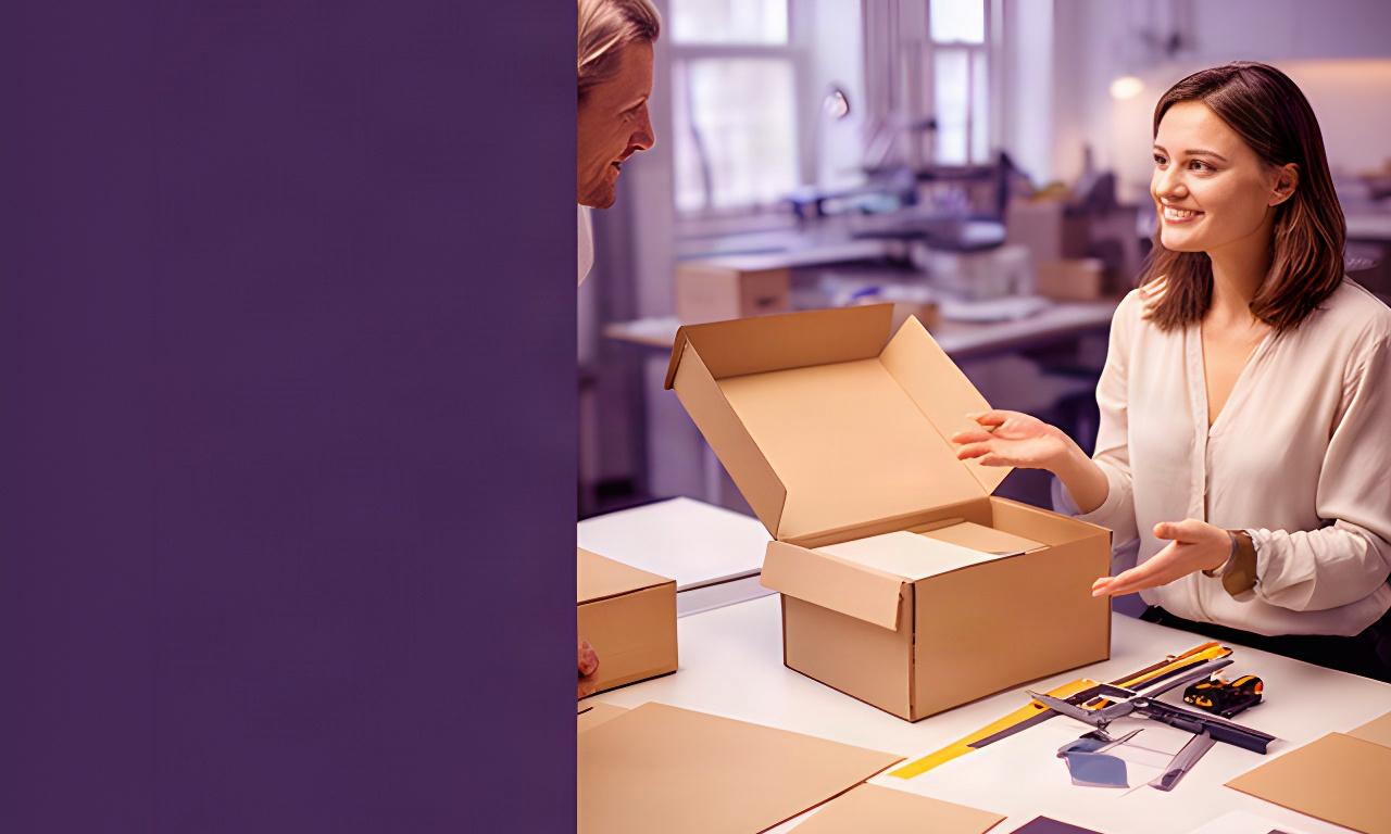 Beraterin bespricht eine kundenspezifische Kartonverpackung an einem Arbeitstisch in Bülach