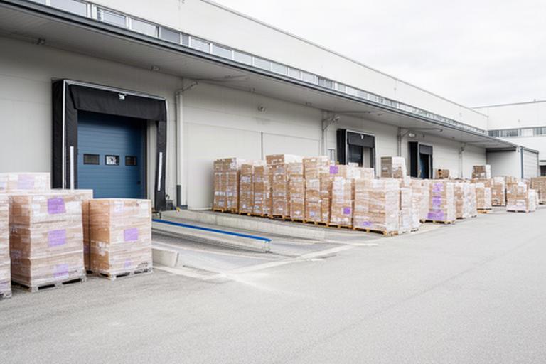 Anlieferzone einer Schweizer Verpackungsproduktion mit geordneten Paletten und Laderampe