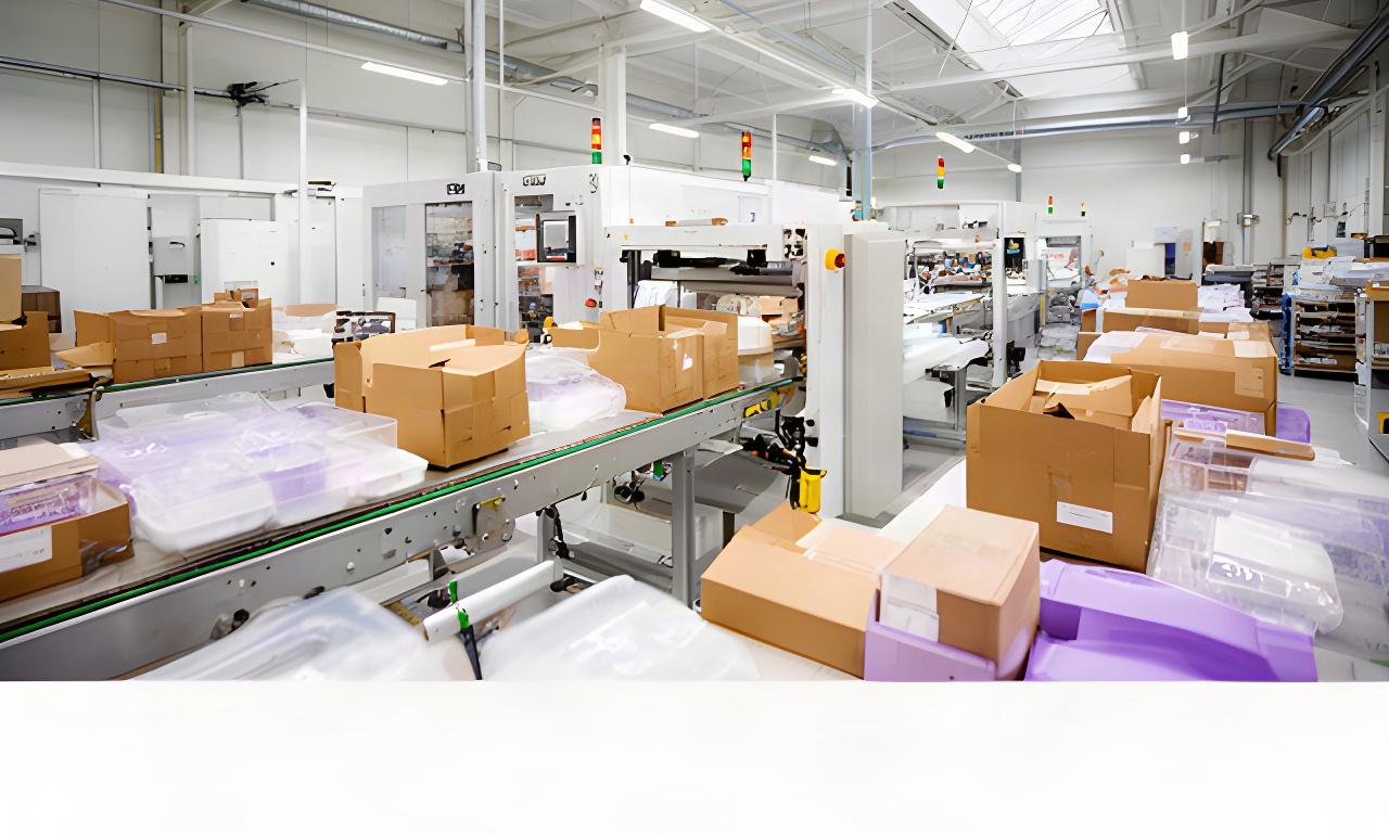 Moderne Verpackungslinie mit Kartons und Kunststoffverpackungen in einer hellen Produktionshalle