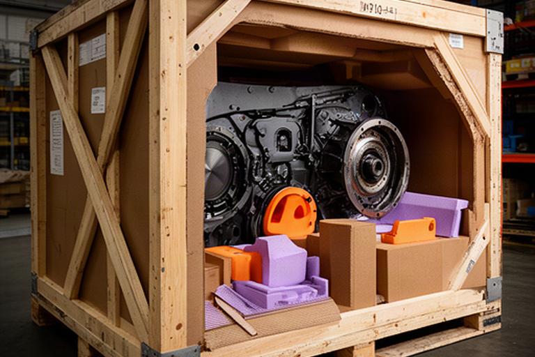 Schwere Maschinenteile in einer stabilen Exportverpackung aus Holz und Karton