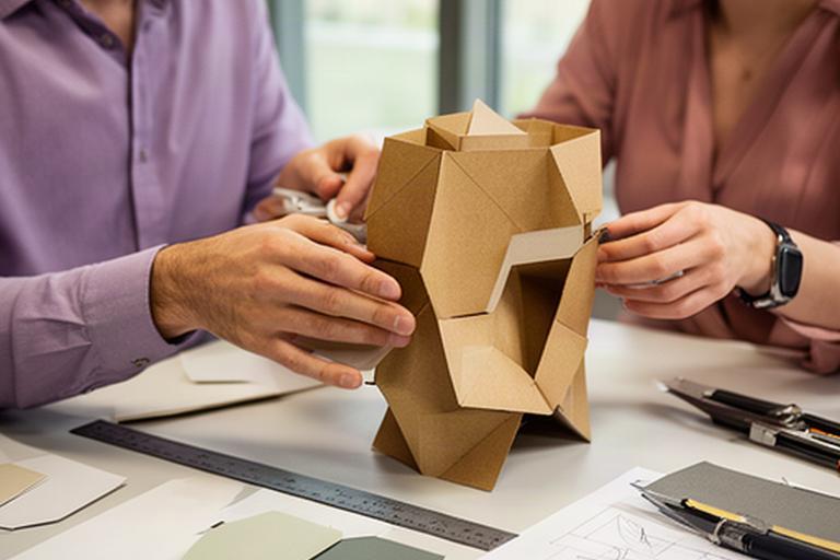 Verpackungsfachleute prüfen einen Kartonprototypen auf einem Besprechungstisch