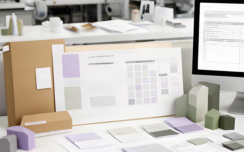 Arbeitsplatz mit Produktionsplan und strukturierten Kundendaten in einer Verpackungsfirma