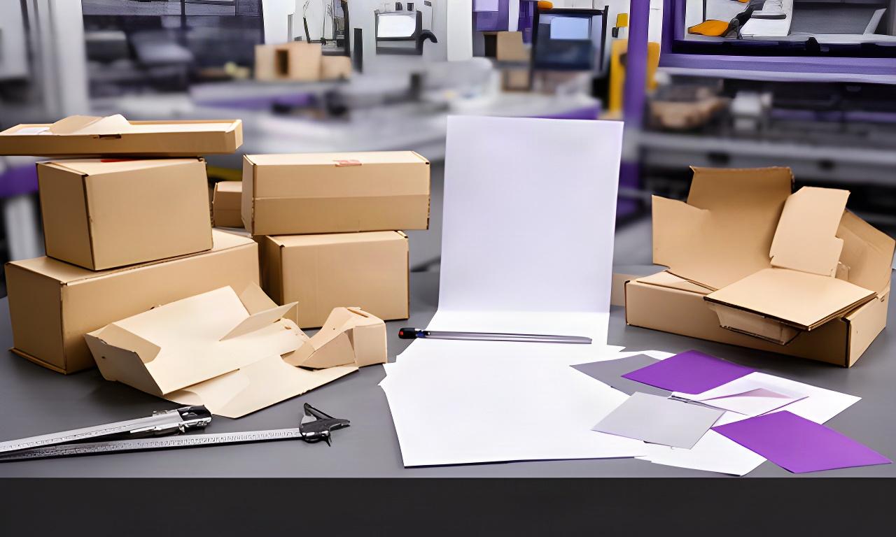 Vertragsunterlagen neben Kartonmustern auf einem Arbeitstisch im Verpackungsbetrieb