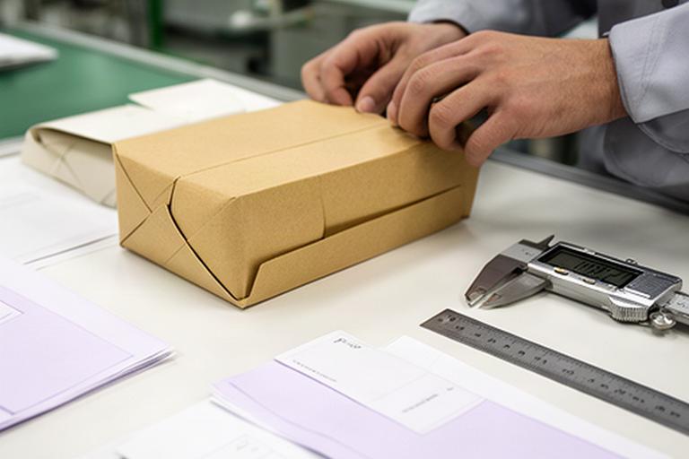 Qualitätsprüfung einer gefalteten Verpackung neben Messwerkzeugen und Produktionsunterlagen