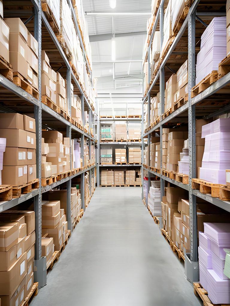 Geordnete Verpackungsmaterialien auf Paletten in der Lagerfläche von Müller & Meier Verpackungsbau GmbH