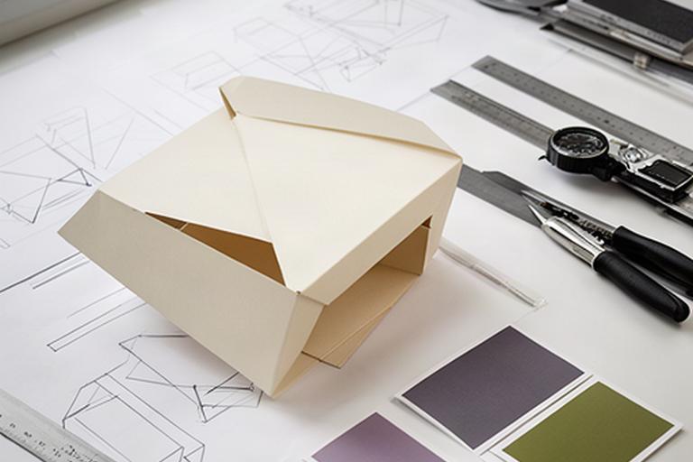Prototyp einer Faltschachtel neben technischen Zeichnungen und Farbmusterkarten auf einem Entwicklungstisch