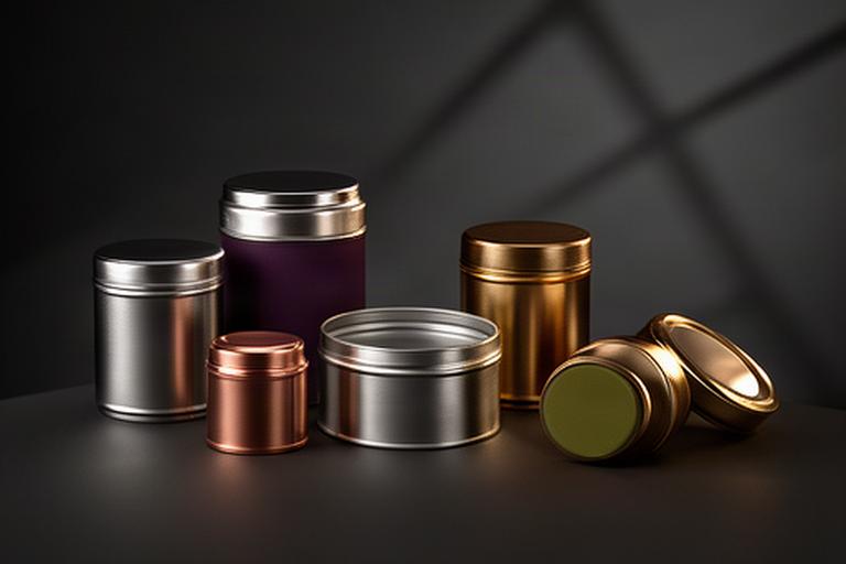 Edle Metalldosen und dekorative Deckel für hochwertige Produkte auf dunkler Oberfläche