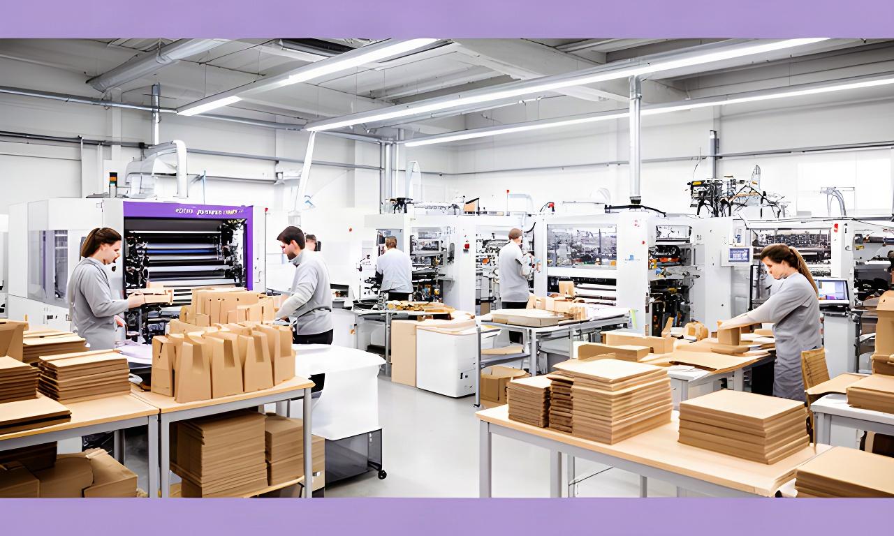 Helle Produktionshalle von Müller & Meier Verpackungsbau GmbH in Bülach mit Druckmaschine und Mitarbeitenden an der Verpackungsfertigung