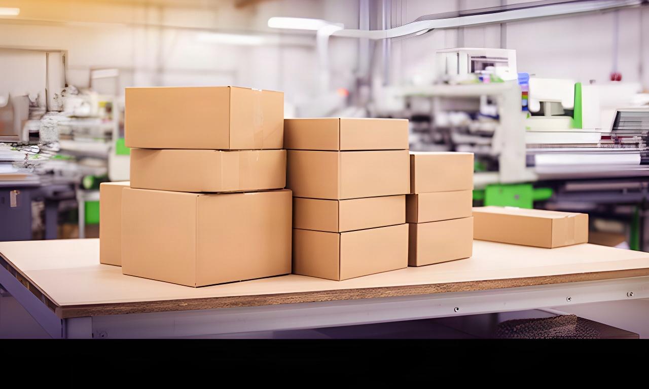 Stapel aus Kartonverpackungen auf einem Arbeitstisch in einer Schweizer Verpackungsproduktion