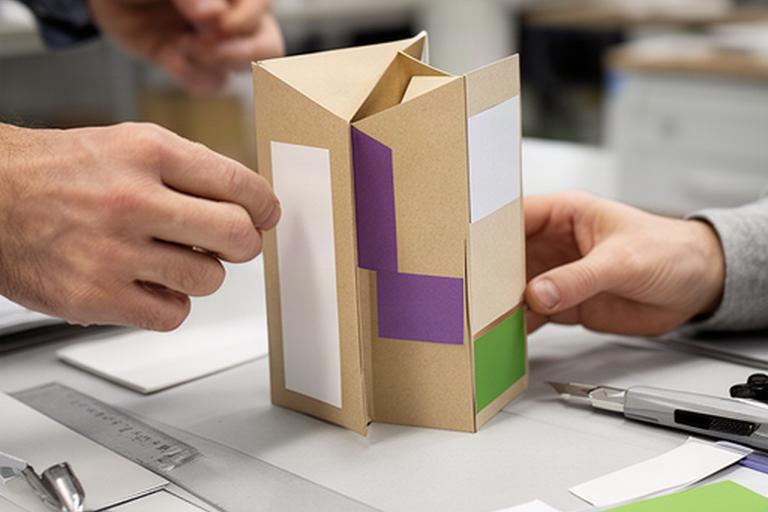 Detailaufnahme einer bedruckten Kartonverpackung auf einem Arbeitstisch in der Entwicklungsabteilung