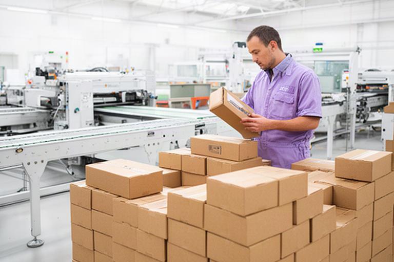 Mitarbeiter kontrolliert fertige Verpackungsschachteln in einer hellen Produktionshalle