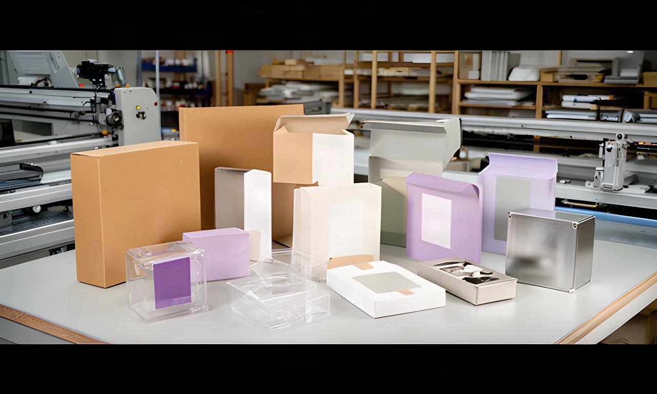 Kundenspezifische Karton-, Kunststoff- und Metallverpackungen auf einem Arbeitstisch in der Produktion