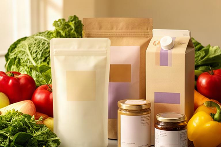 Bedruckte Lebensmittelverpackungen neben frischen Produkten auf einem Arbeitstisch